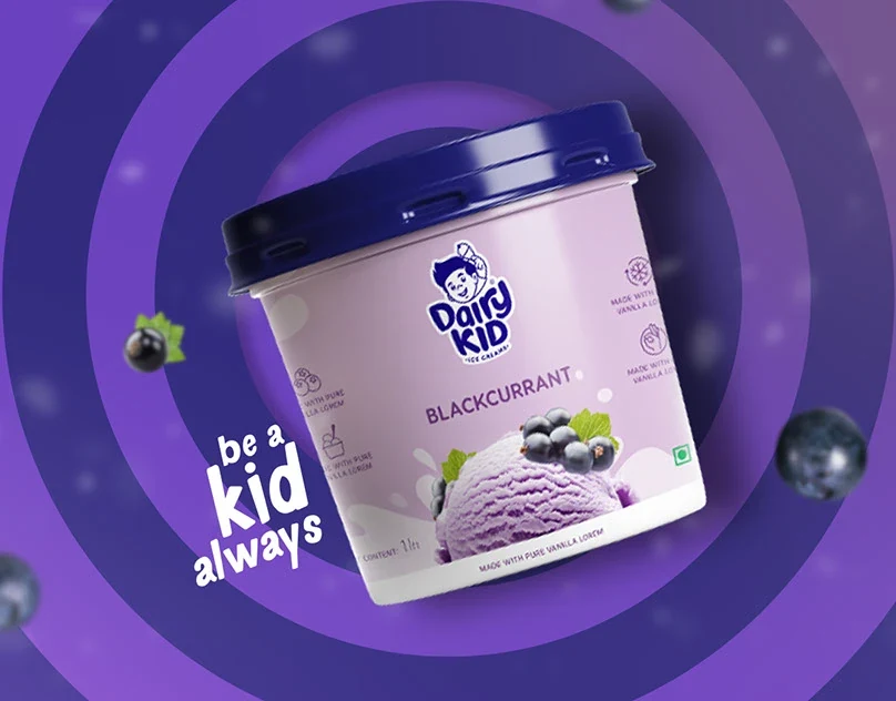 Dairy Kid ice cream packaging in a violet summer social media creative