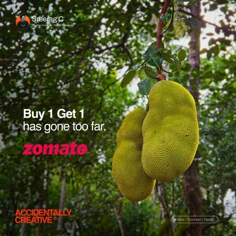 Jackfruit hanging from a tree with a witty Zomato spec line